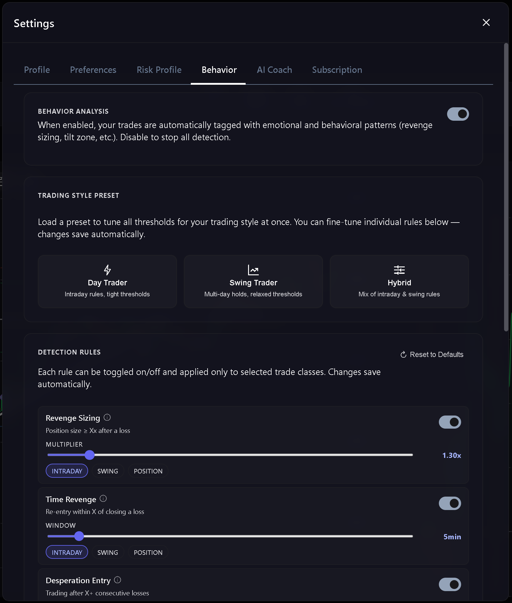 Behavior Settings screen for enabling behavior detection and choosing a trading style preset