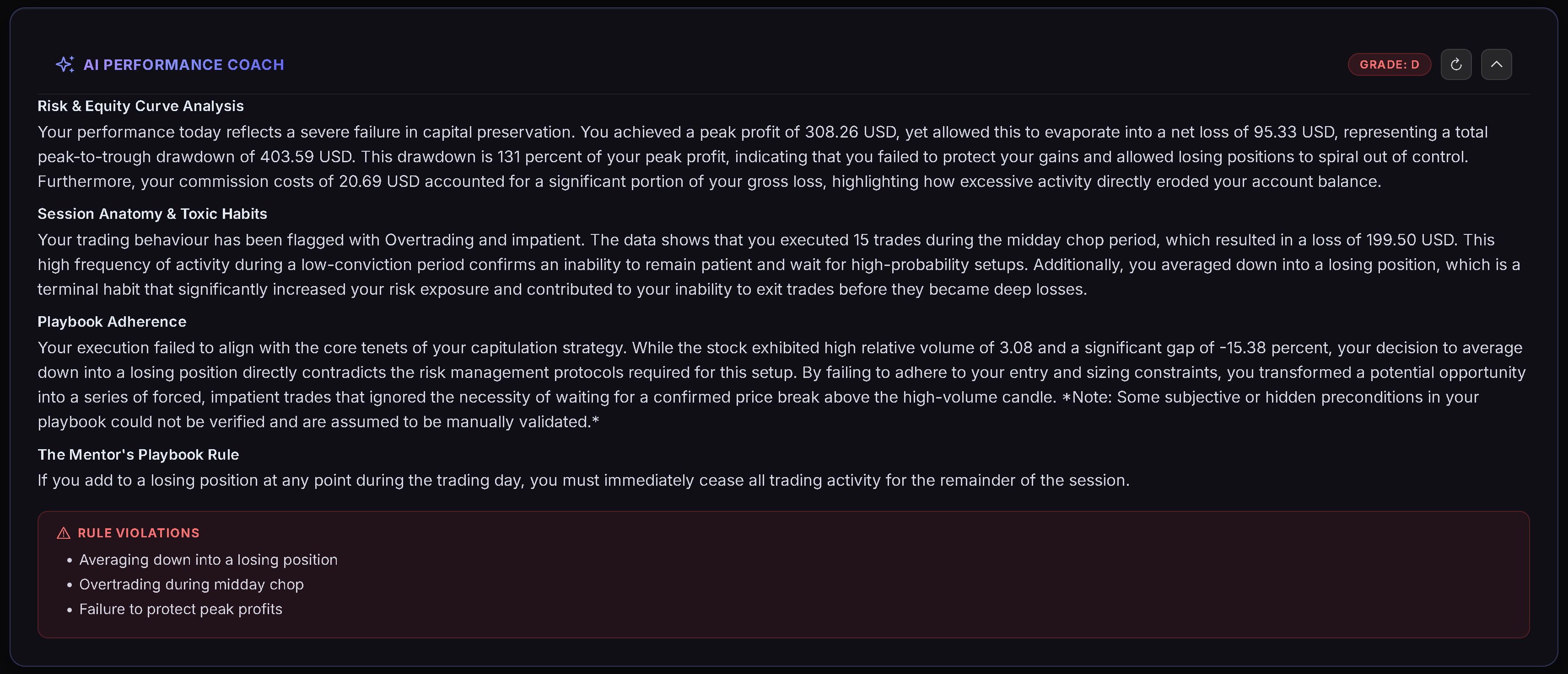 Trandence AI Performance Coach delivering a strict execution verdict and identifying playbook violations