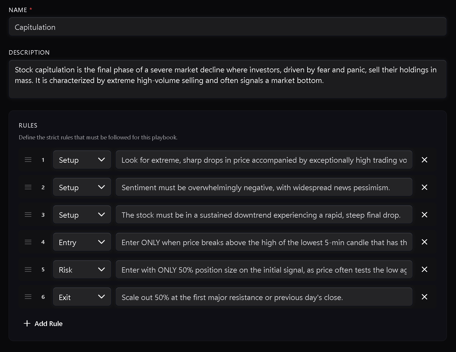 Structuring a Capitulation trading playbook with Setup, Entry, and Risk rules in Trandence
