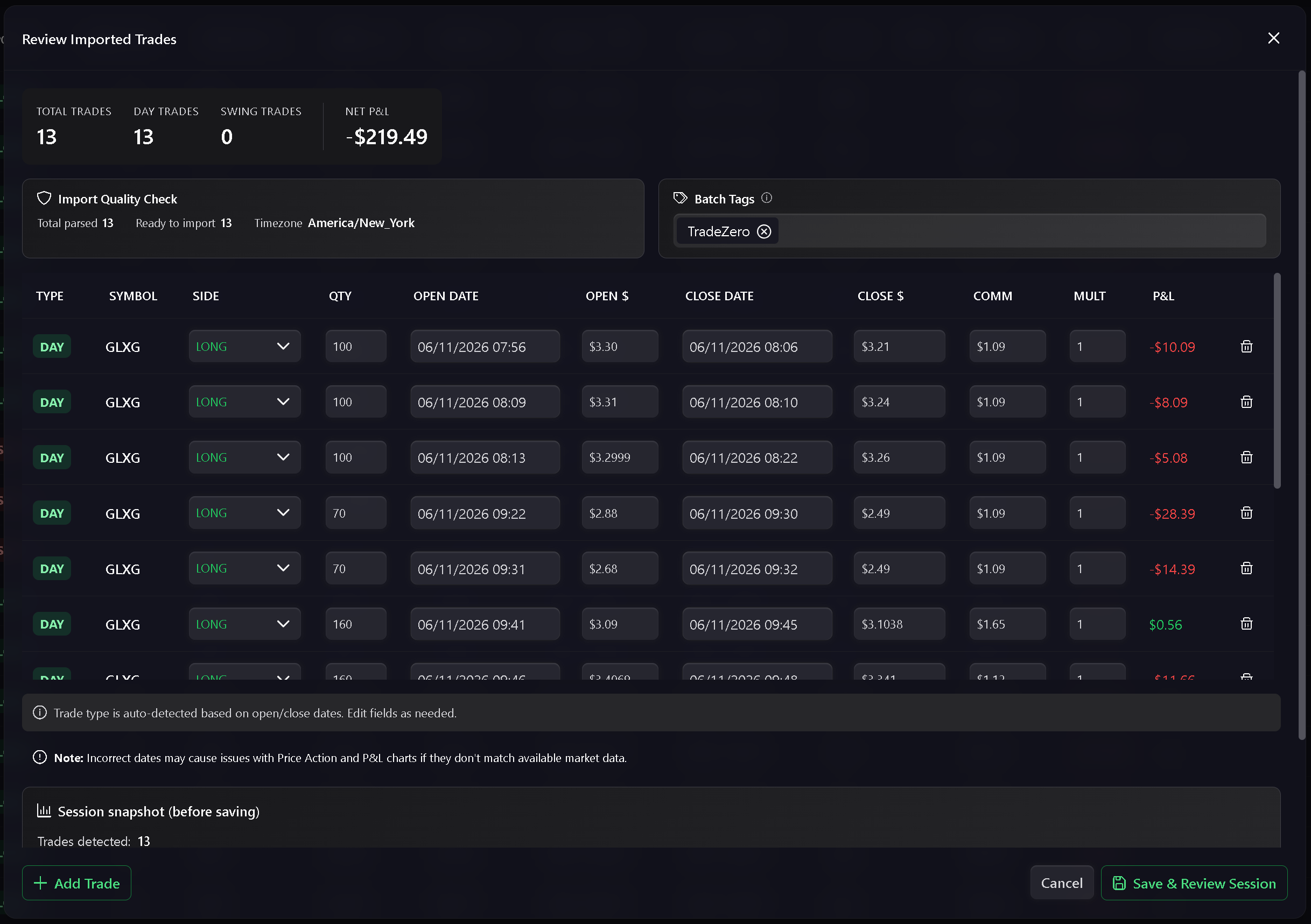 Import confirmation step for reviewing parsed trades before saving