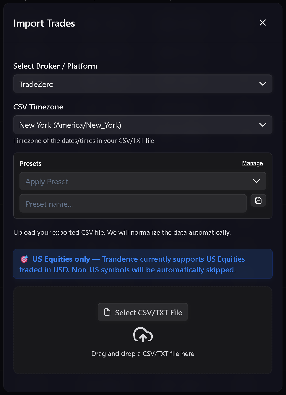 CSV import screen with broker selection and file upload in Trandence