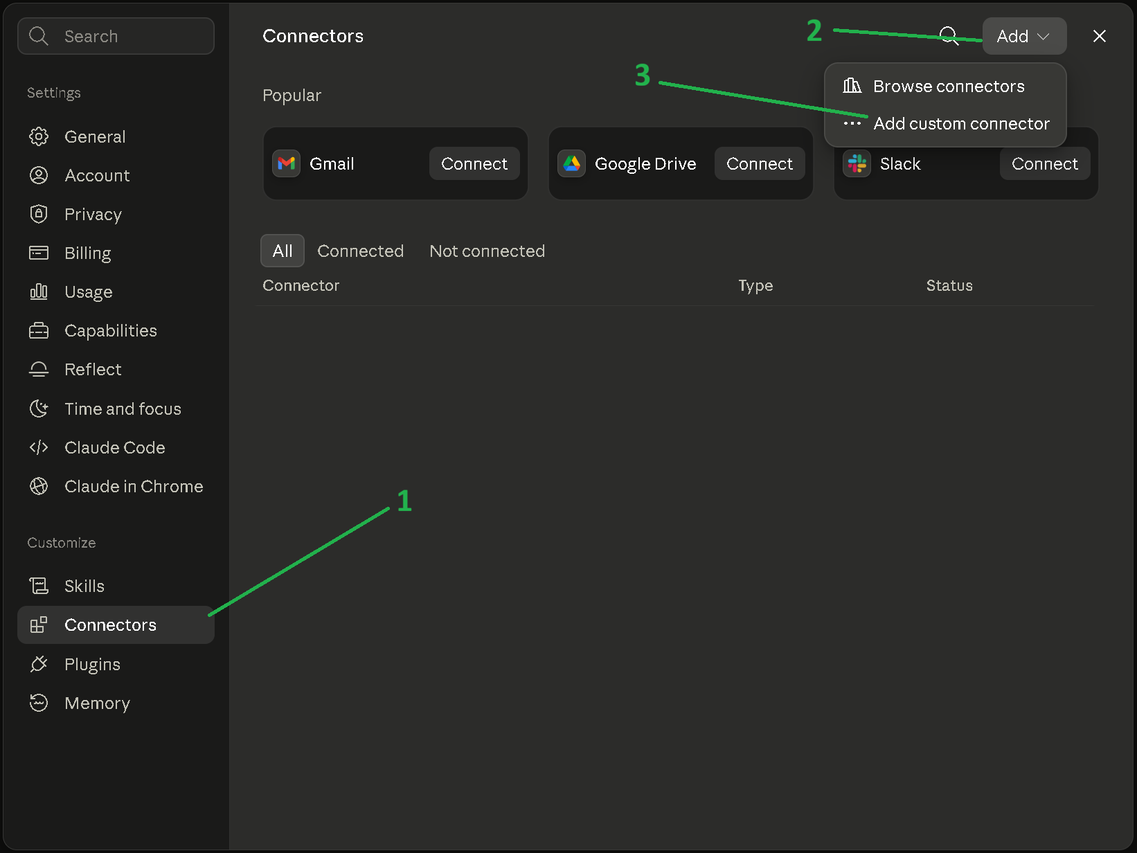 Claude Connectors settings showing Add custom connector