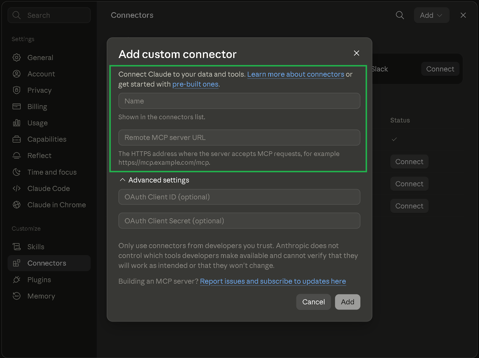 Adding Trandence Remote MCP server URL in Claude settings