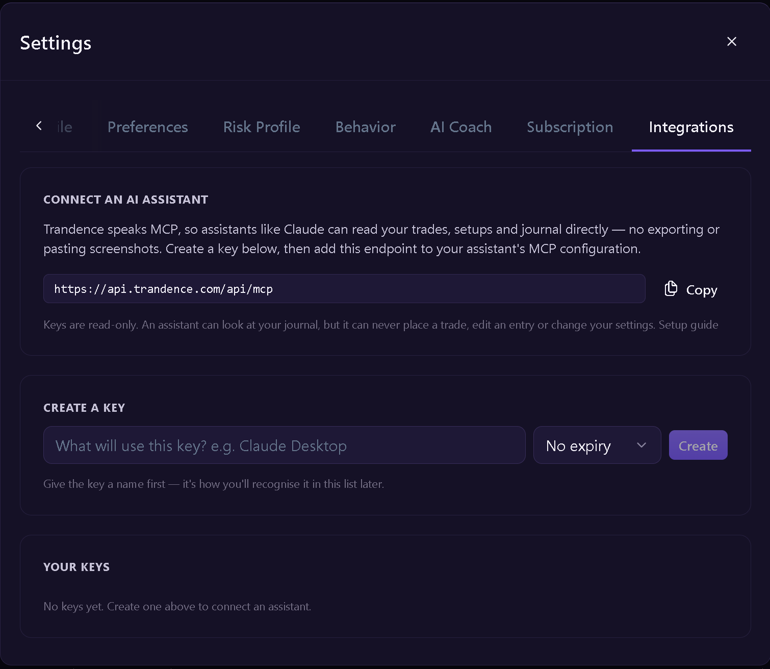 Trandence Settings Integrations tab showing connected MCP apps and API keys