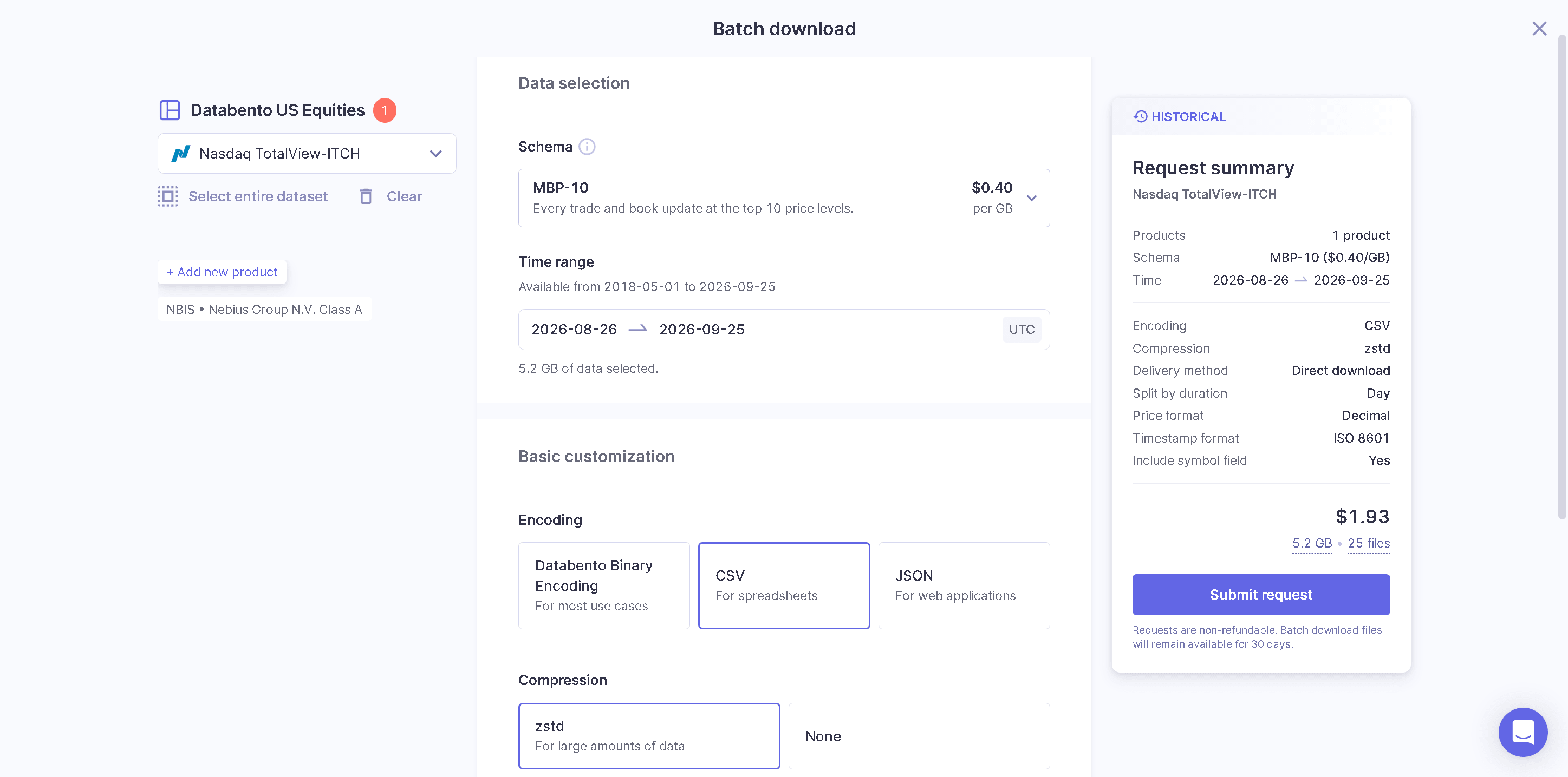 Databento Batch-Download-Dialog mit ausgewähltem MBP-10-Schema, CSV-Codierung und zstd-Kompression sowie der Zusammenfassung mit der Schaltfläche Submit request